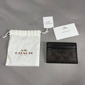 COACH Slim Card Case Mahogany/Brown Signature Logo & Dust Cover Bag New with Tag